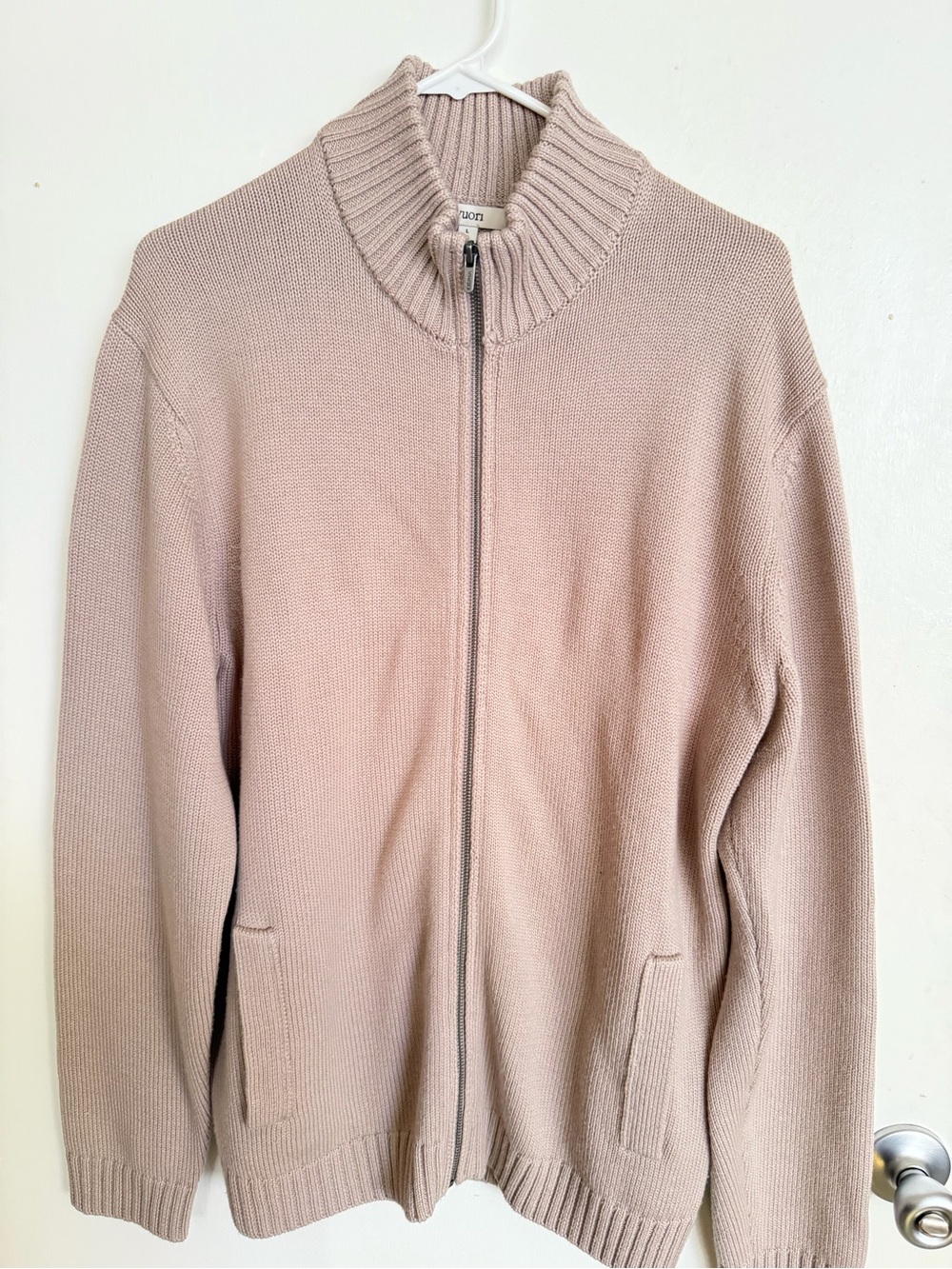 Vuori knit zip-up sweater in willow grey LARGE